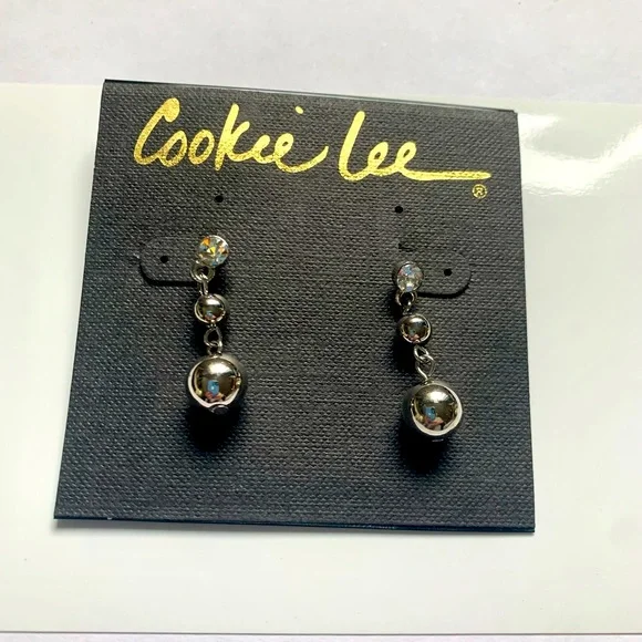 🪙Genuine Crystal & Silver Tone Dangling Ball Drop Stud Earrings by Cookie Lee - Picture 5 of 8